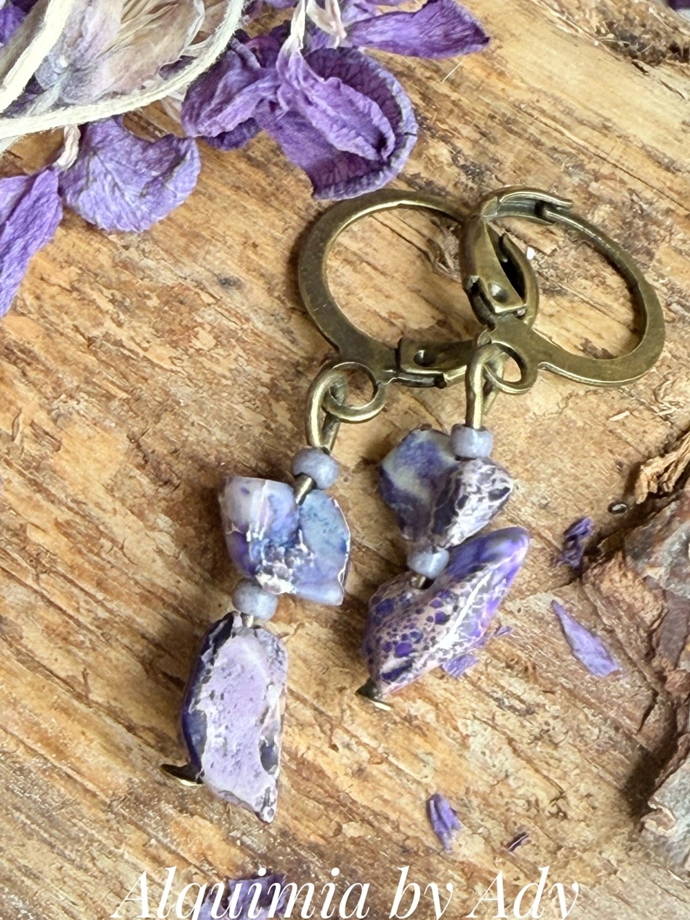 Purple and Cream Natural  Stone Earrings with Antique Brass Hoops
